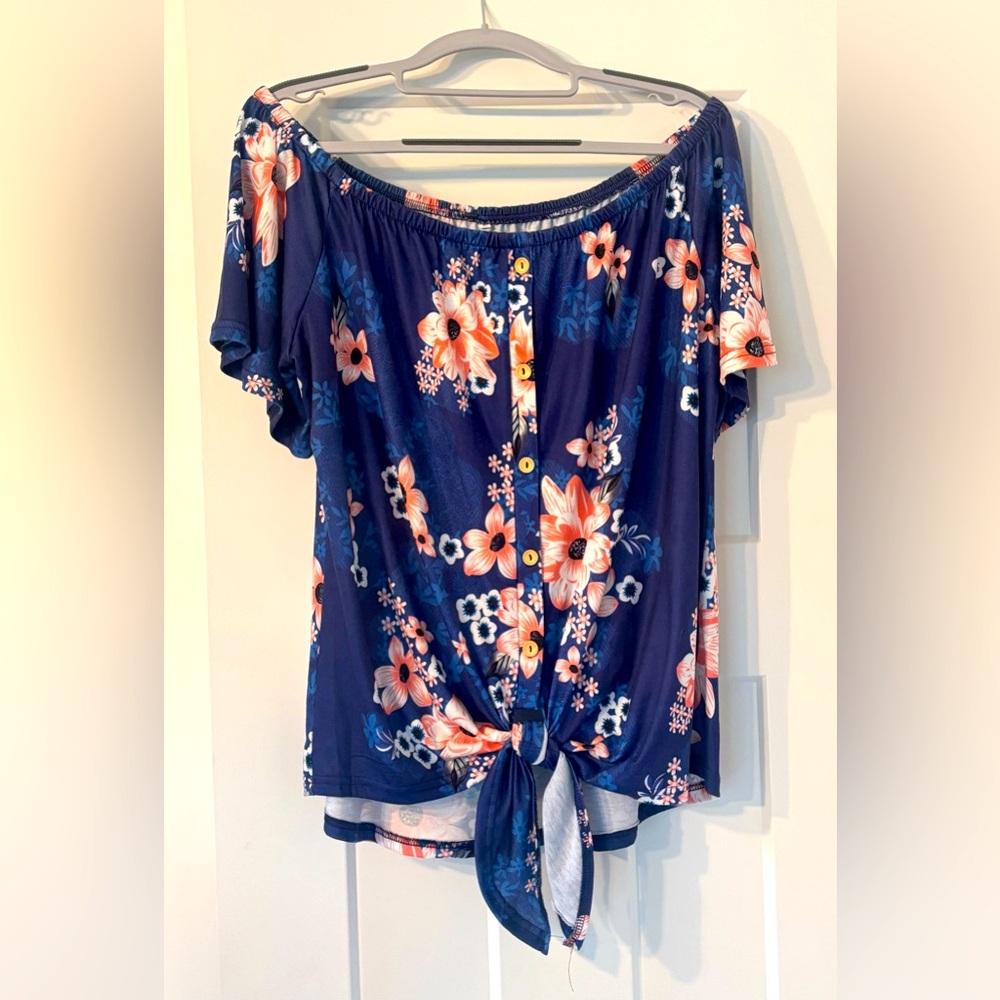 Off-Shoulder Blue, White and Coral Floral Top